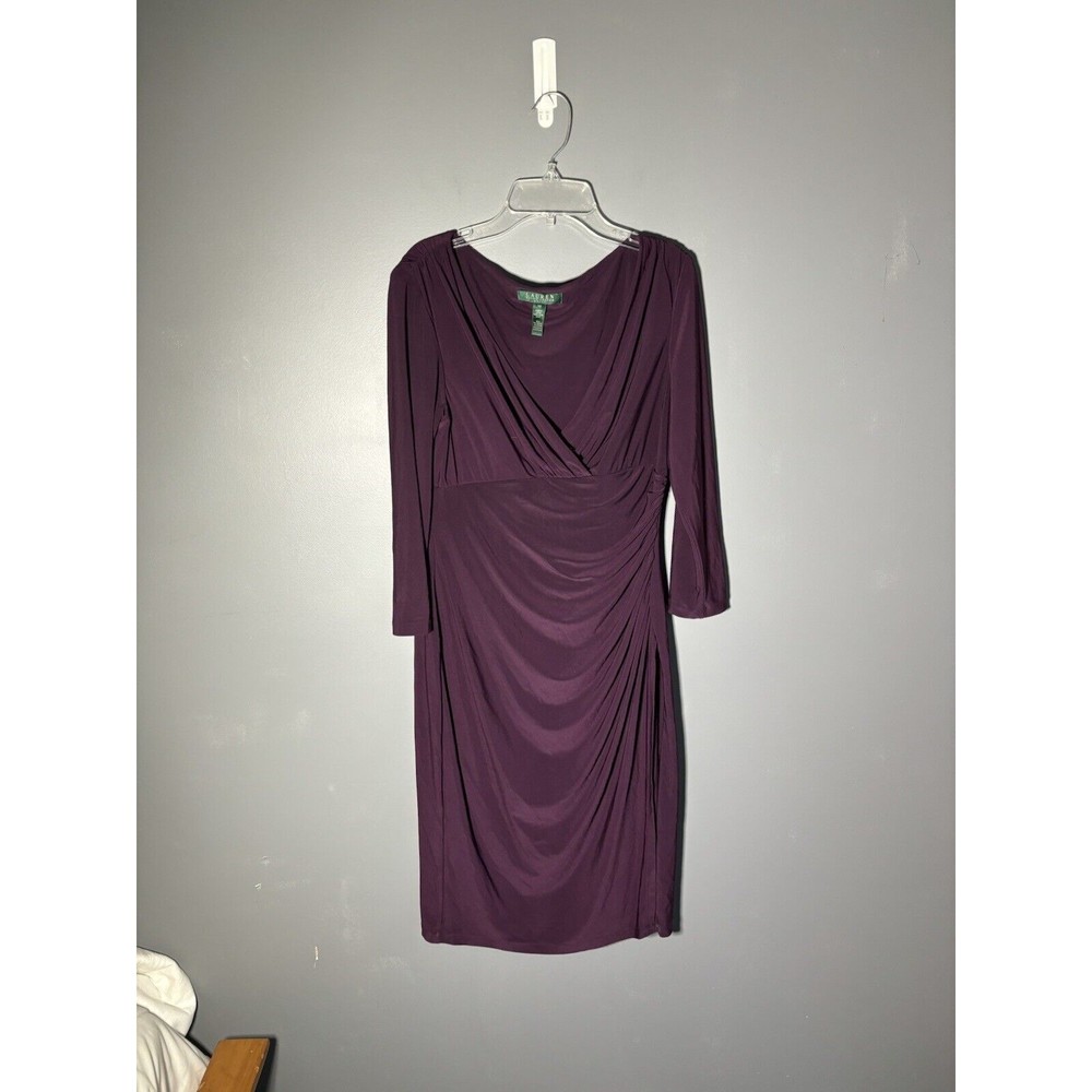 Lauren Ralph Lauren Womens Size 10 Ruched Jersey Sheath Dress Purple 3/4 Sleeve - Picture 1 of 3